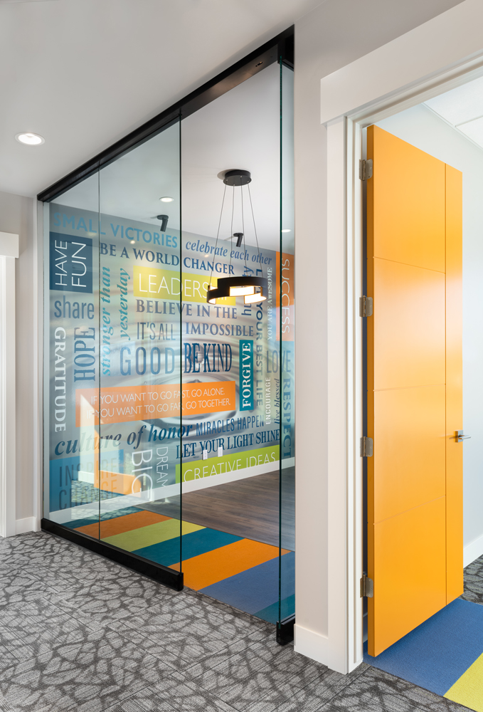 Interior, glass conference space and office door detail